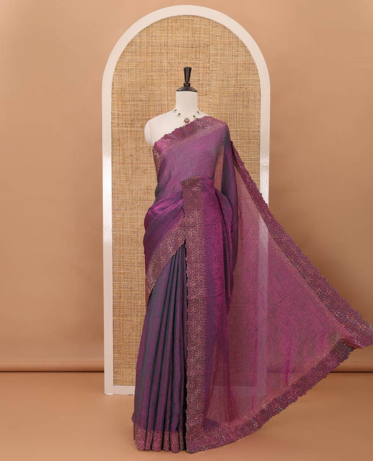 Purple plain fendy-chiffon saree, scallop Swarovski copper stone work border & contrast Swarovski copper stonework blouse