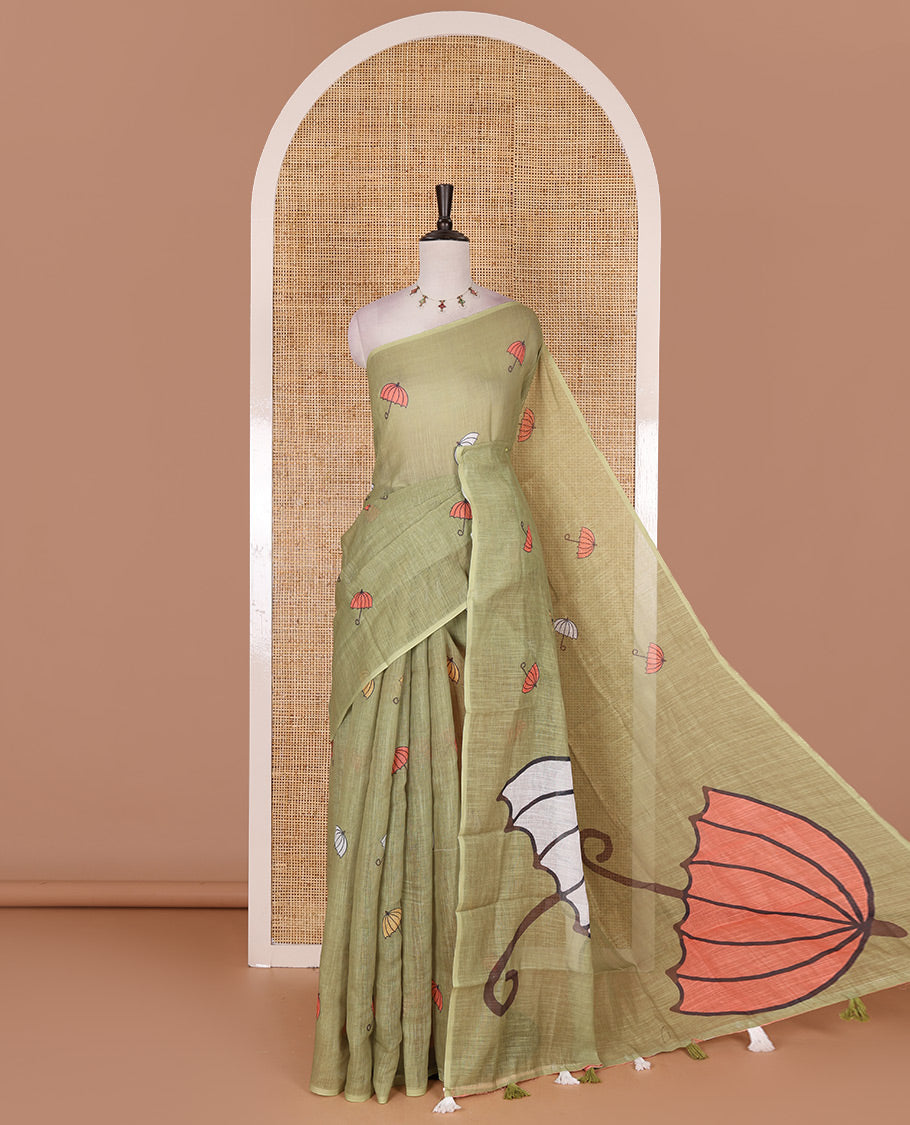 Borderless Olive green umbrella motifs printed linen cotton saree, self-pallu of big umbrella motifs and contrast blouse