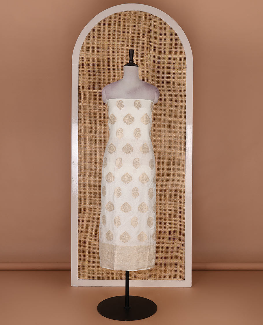 Kerala cream material chudidar set, embossed with gold zari woven mul chanderi top, santoon bottom, and zari woven mul chanderi dupatta