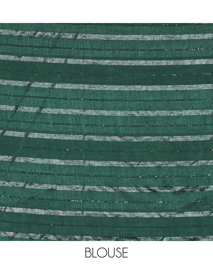 Borderless Dark Green Vichitra Silk Saree, Decorated with Horizontal Stripes and Sequin Stripes, Paired with a Matching Blouse