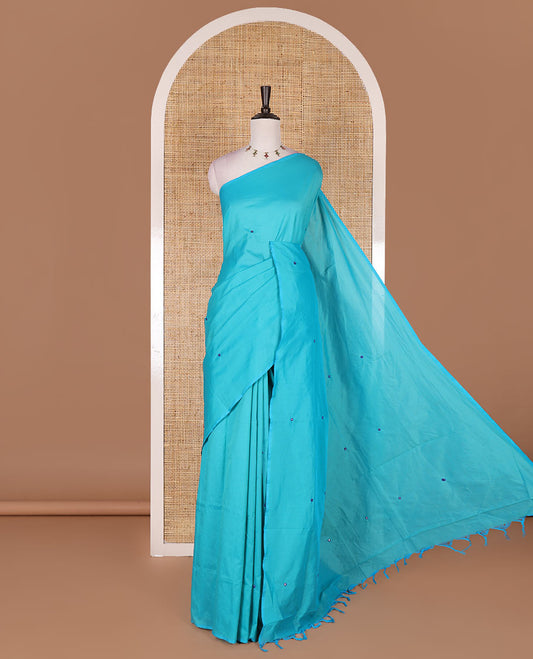 Borderless blue mirror embroidered South cotton saree with contrast kalamkari floral printed blouse