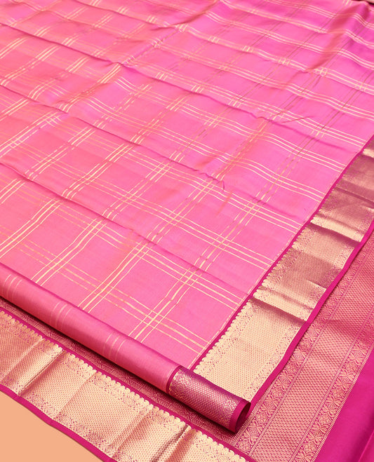 Pink Kanchipuram Silk Saree, Accentuated with Zari Checks, Complemented By Contrast Border, of Manga, Rekku, Banaras, Arai Maadam Designs,  Jaal Pallu, and a Contrast Blouse