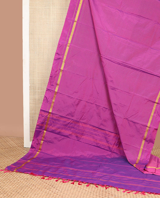 Purple checked design gift saree with self zari design border & striped pallu