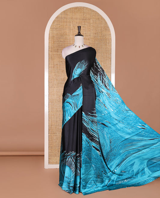 Borderless black and blue  peacock feather-like abstract printed satin crepe saree, peacock feather-like abstract print pallu, and abstract print blouse