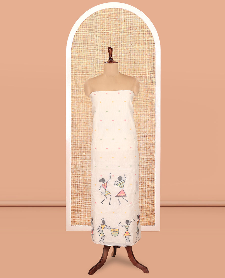 Cream Mul Chanderi Material Churidar Features Polka Dot and Warli Weave Top, a Plain Santoon Bottom, and a Warli-Themed Dupatta