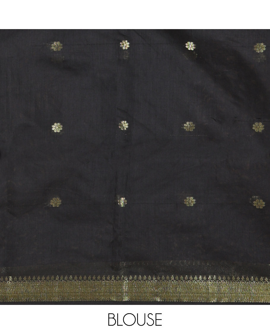 Green Maheshwari Cotton Saree,  Flower Buttas All Over Its Body, Highlighted by Zari Border, Pallu of Contrast Floral Buttas, and a Contrast Blouse
