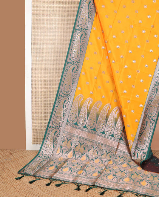 Orange paisley design butter silk saree with contrast paisley zari design border & floral design pallu