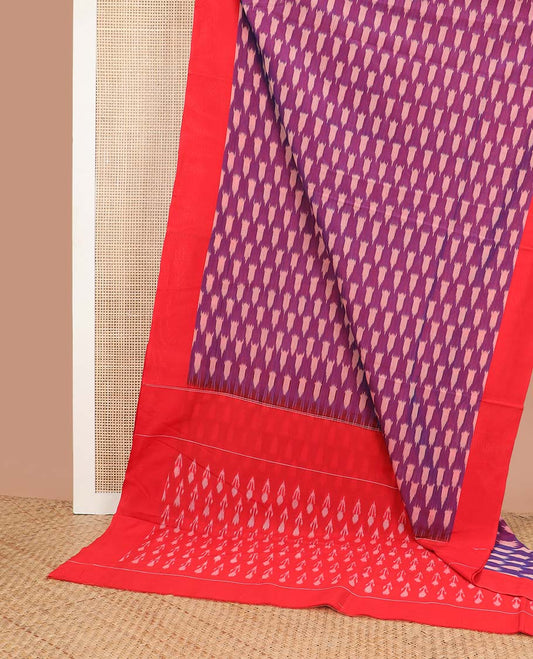 Purple geometric design ikkat cotton saree with contrast border & arrow motifs pallu