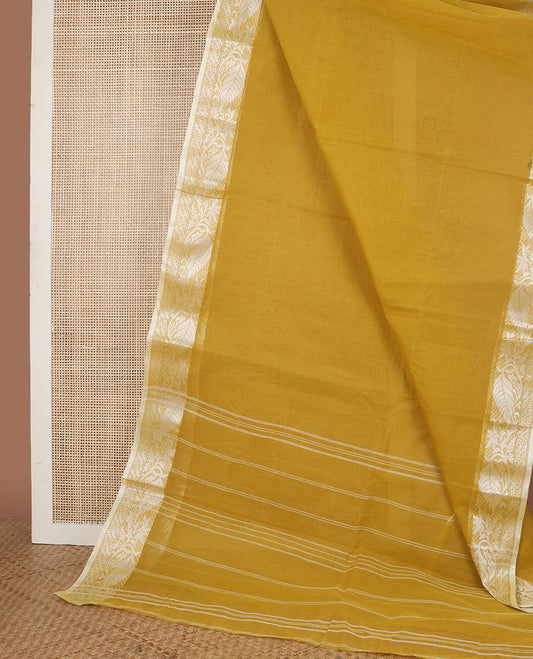 Mustard bengal cotton saree with contrast floral design border & striped pallu
