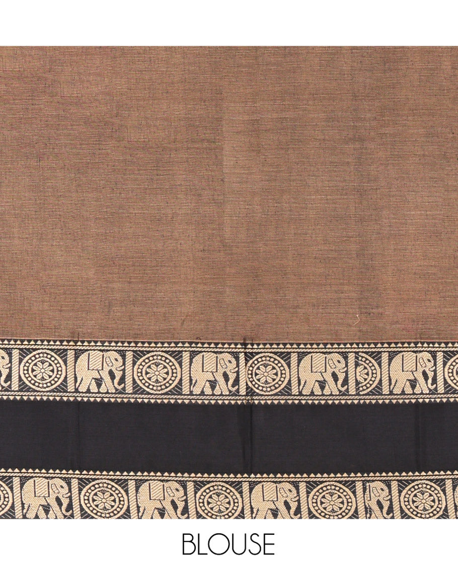 Chikku Plain Mercerised Cotton Saree, Complemented by a Contrast Ganga-Jamuna Rettai Pettu Thread Border of Temple, Elephant, and Chakram Designs, Subtly Striped Pallu, and Paired with a Matching Blouse