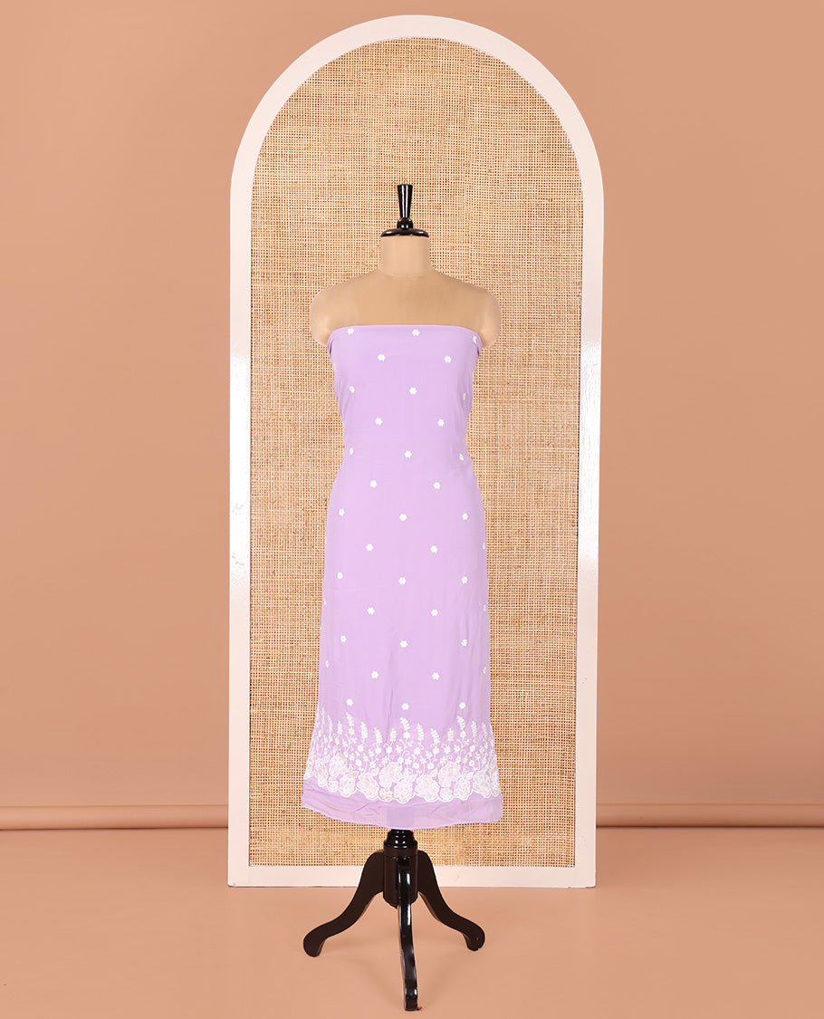 Lavender Fox Georgette Material Chudidar Set, Meticulously Crafted with Floral Embroidery on Its Top, a Plain Santoon Bottom, and Paired with a Floral Embroidered Scallop Dupatta