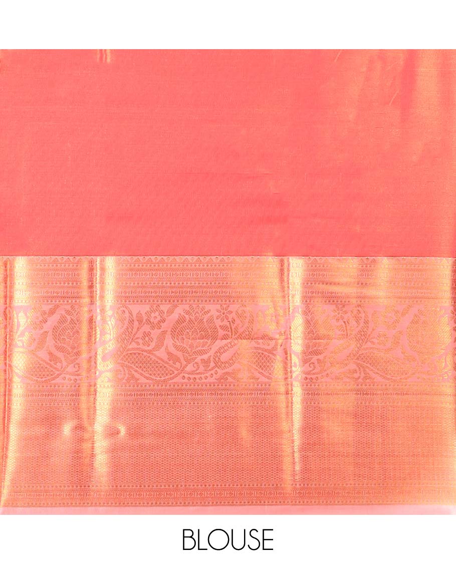 Orange floral vine design budget silk saree with contrast zari design border & paisley zari design pallu