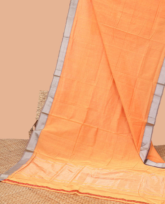 Orange mangalagiri cotton saree with contrast striped, temple border & striped pallu