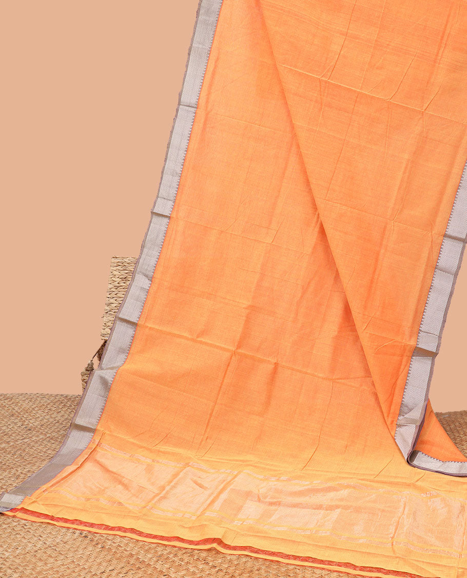 Orange mangalagiri cotton saree with contrast striped, temple border & striped pallu