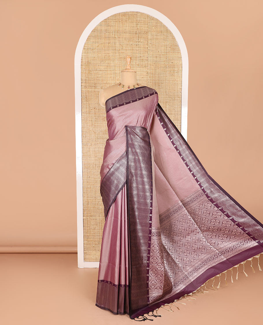 Wine small zari buttas woven elite soft silk saree, contrast zari woven scallop satin border, jaal pallu, and a contrast chakram zari motifs blouse
