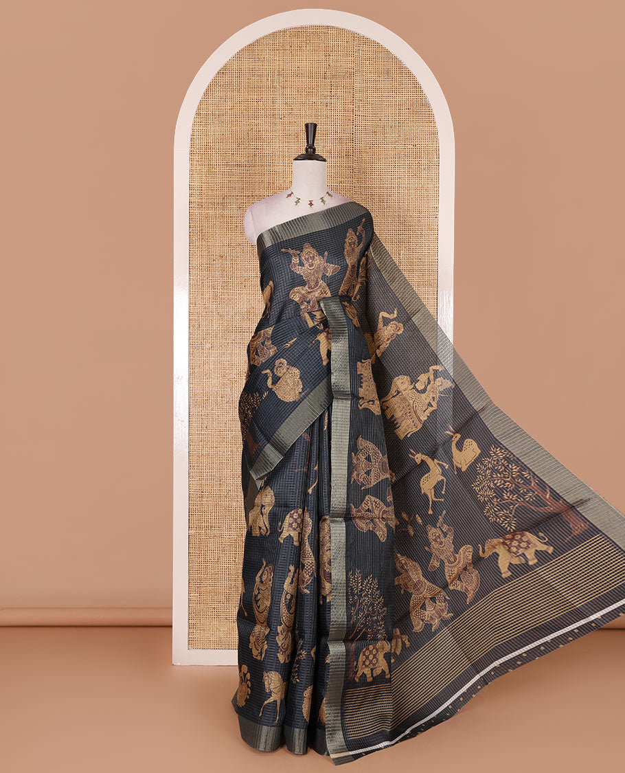 Black zari checked with kalamkari animal-ancient human figurines printed semi-tussar saree, bavanji border, striped pallu, and checked blouse with prints