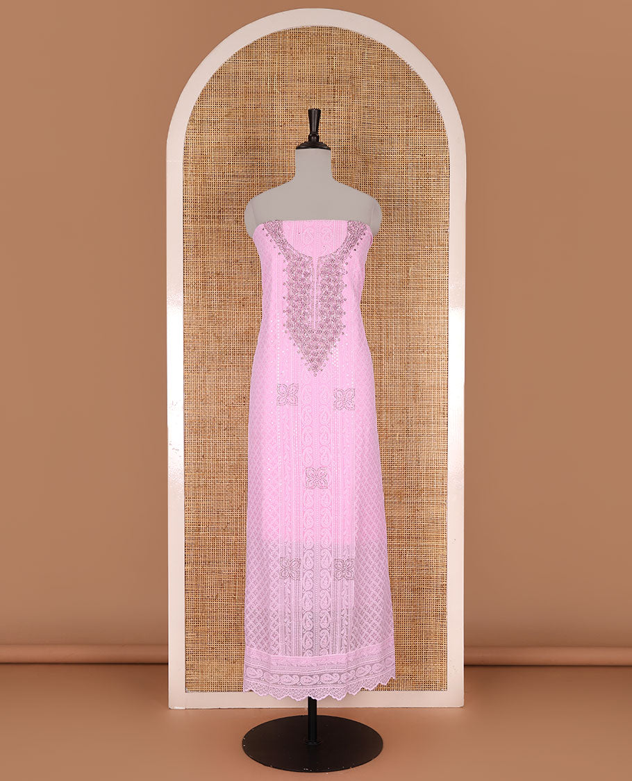 Light Pink material churidar set, stone work with Schiffli style embroidered georgette top, American Crape bottom, and polka dotted printed mirror work dupatta