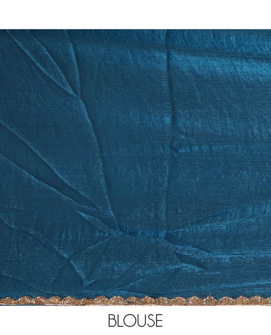 Blue fendy chiffon saree with hand work border & self pallu along with hand work blouse