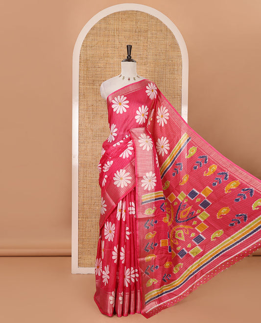 Pink zari striped & sunflower motifs printed dola silk saree, traditional zari border, ikkat printed pallu & printed blouse