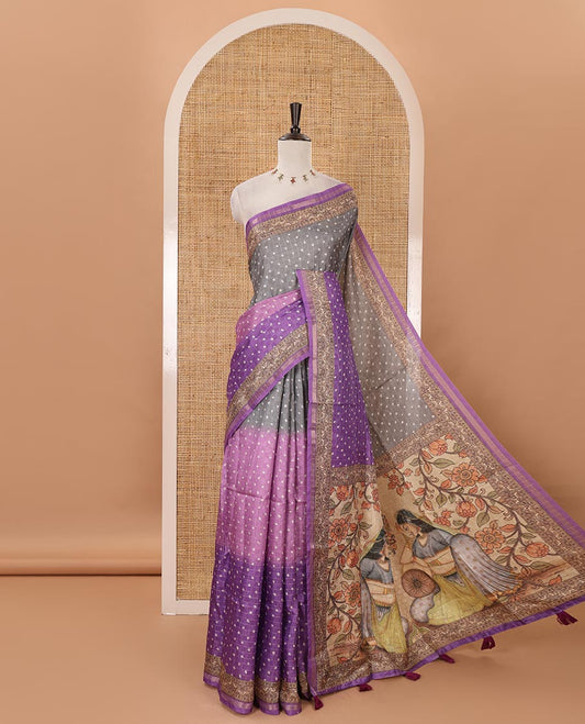 Violet  3D-dying with bandhani printed design kota saree , self printed border , radhe and kalamkari style printed pallu & contrast printed blouse