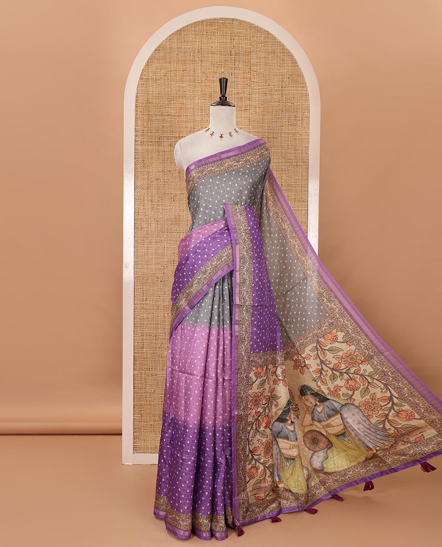 Violet  3D-dying with bandhani printed design kota saree , self printed border , radhe and kalamkari style printed pallu & contrast printed blouse