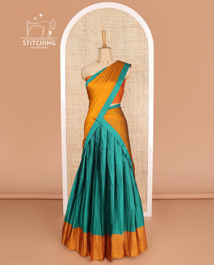 Green geometric design poly-cotton half saree with contrast border, plain blouse & plain, geometric design border dhavani