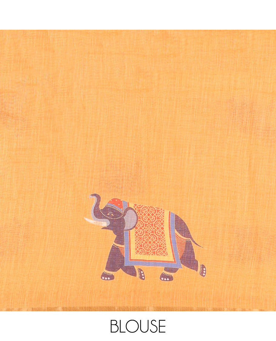 Yellow Linen Cotton Saree, Adorned with Micro-Checks and Elephant Motifs on Its Body, Complemented by a Contrast Border, Striped Pallu, and Paired with a Contrast Elephant Motifs Printed Blouse