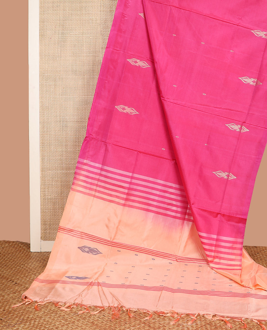 Borderless Pink Banana Pith Saree, Accentuated with Buttas All Over Its Body, Complemented by a Contrast Pallu Steeped with Stripes and Buttas, and Paired with a Contrast Blouse