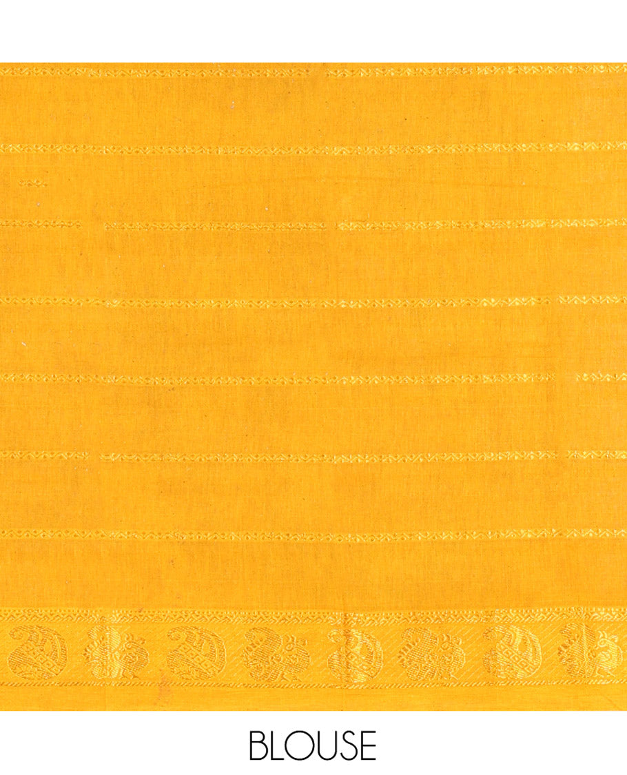 Black Plain Sungudi Cotton Saree, Highlighted by Traditional Zari Border of Peacock and Floral Creeper Designs, Subtly Striped Pallu, and Paired with a Contrast Blouse