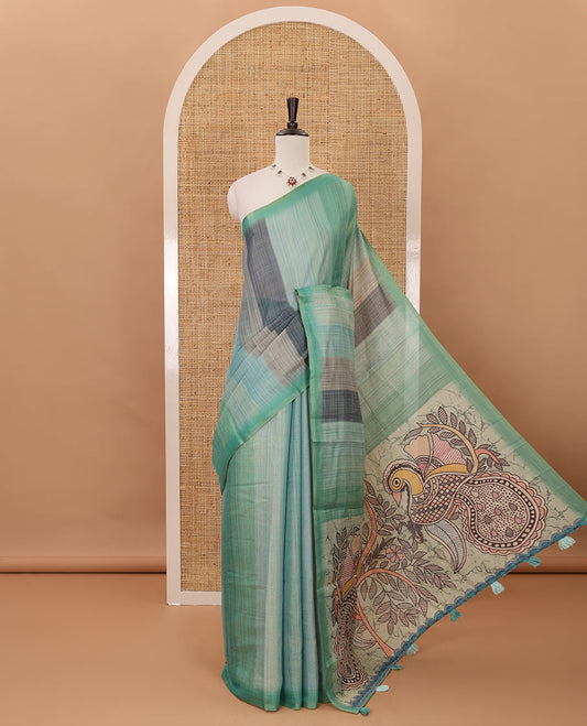 Green rainbow-striped mercerised tissue saree, madhubani-style peacocks print pallu & kalamkari floral vine print pallu
