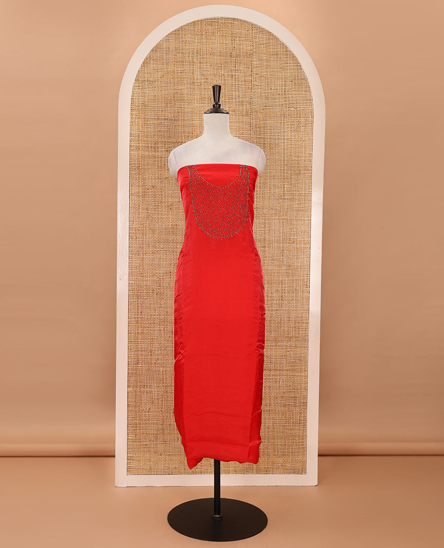 Orange material chudidar set, sugar beads neck embroidered velvet organza top, american crepe bottom & embroidered velvet organza dupatta
