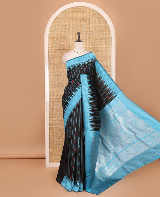 Black vertical striped & parrot motifs kanchi silk saree, contrast satin temple border, zari-rich jaal pallu & contrast zari design blouse