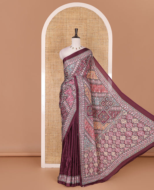 Purple kaleidoscopic colored Mughal style motifs printed with mirrorwork masakali saree, printed border, print with mirror work pallu, and a matching blouse