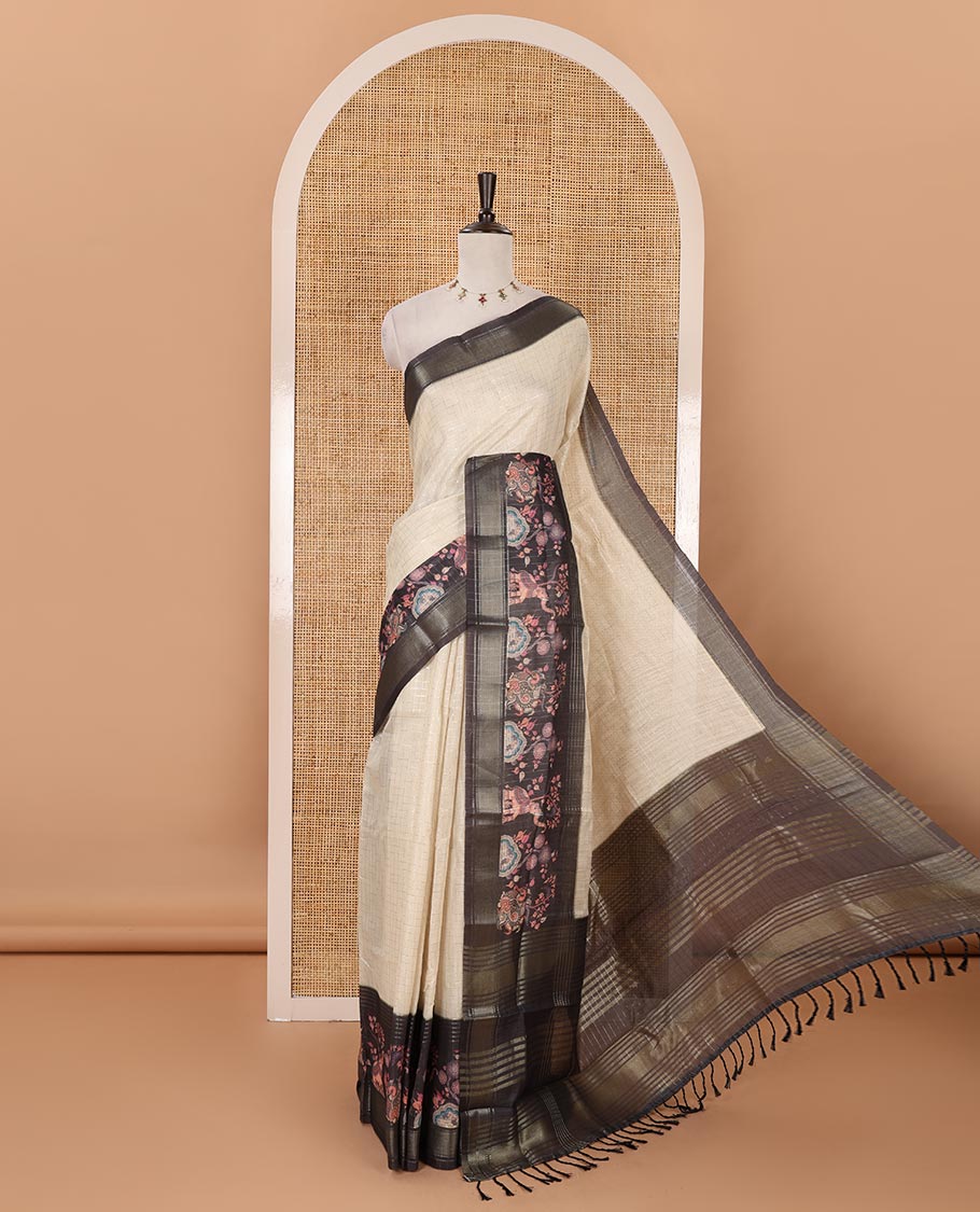 Cream zari checked tissue saree, contrast elephant & peacock printed zari border & pallu of zari stripes & contrast zari design blouse