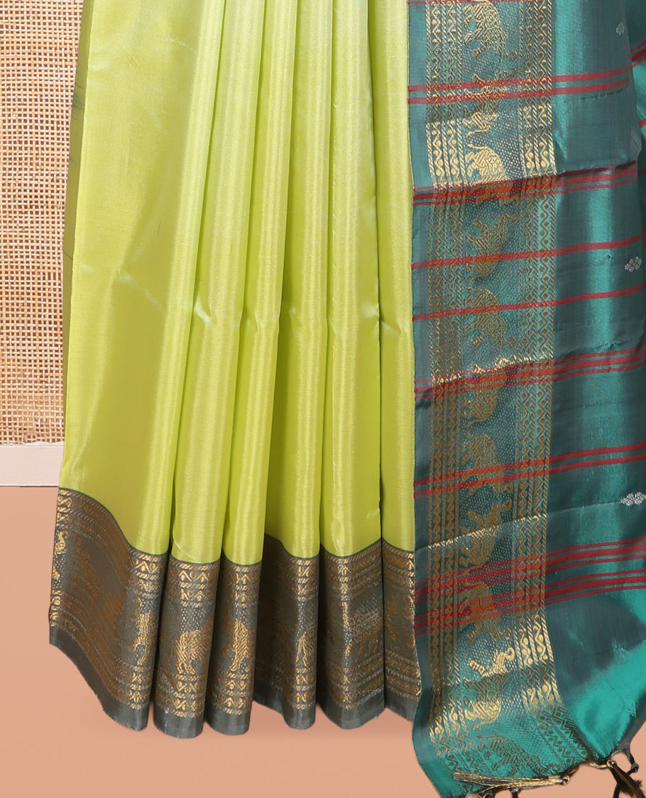 Green Banana Pith Saree, Subtly Woven with Thread Buttas, a Contrast Traditional Zari Border, Pallu of Stripes and Buttas, and a Contrast Blouse
