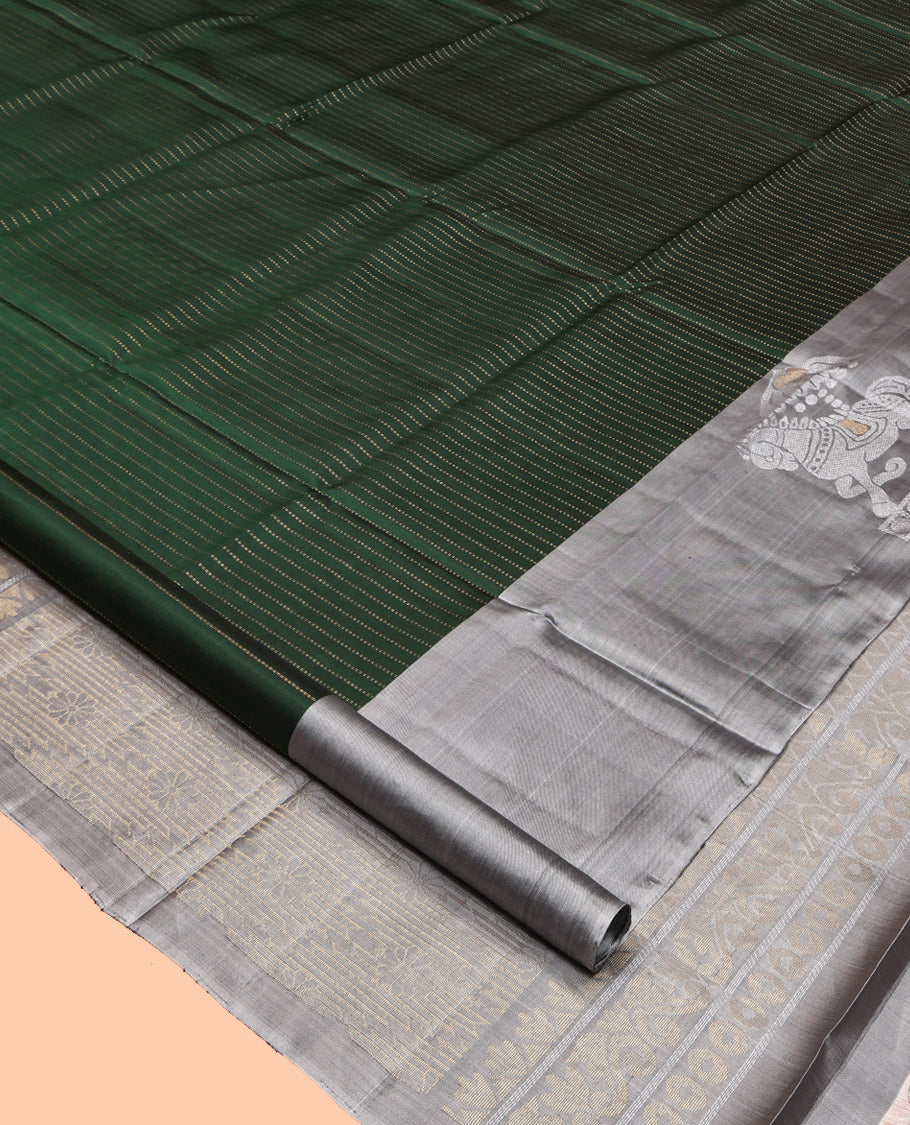 Green Mayuri Lite Silk Mix Saree, Bedecked with Dotted-Stripes, Complemented by a Contrast Horse Motif Border, Intricate Pallu, and a Contrast Blouse