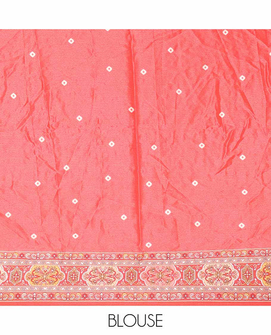 Orange geometric design, mirror work synon silk saree with printed border, mirror work & printed blouse along with plain blouse