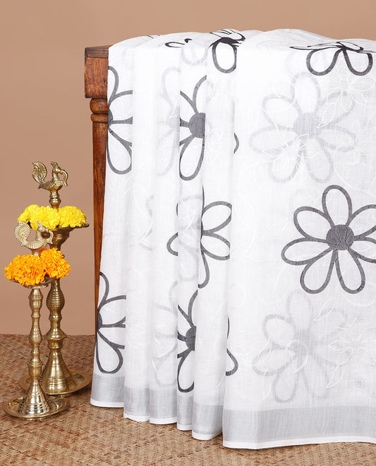 White floral buttas embroidery linen saree with bhavanji border & self pallu along with butta printed blouse