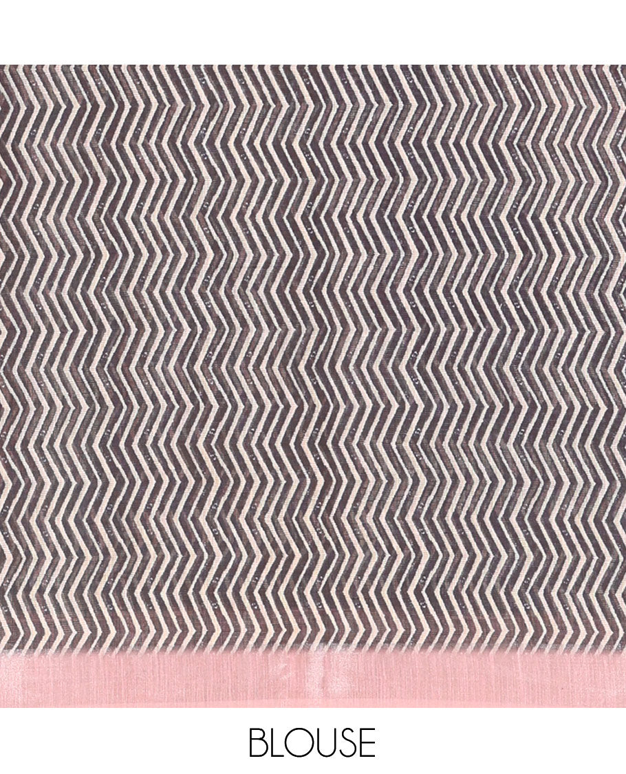 Pink Linen Cotton Saree Features Ajrakh Geometric Print, a Zari Border, Printed Pallu, Contrast Blouse