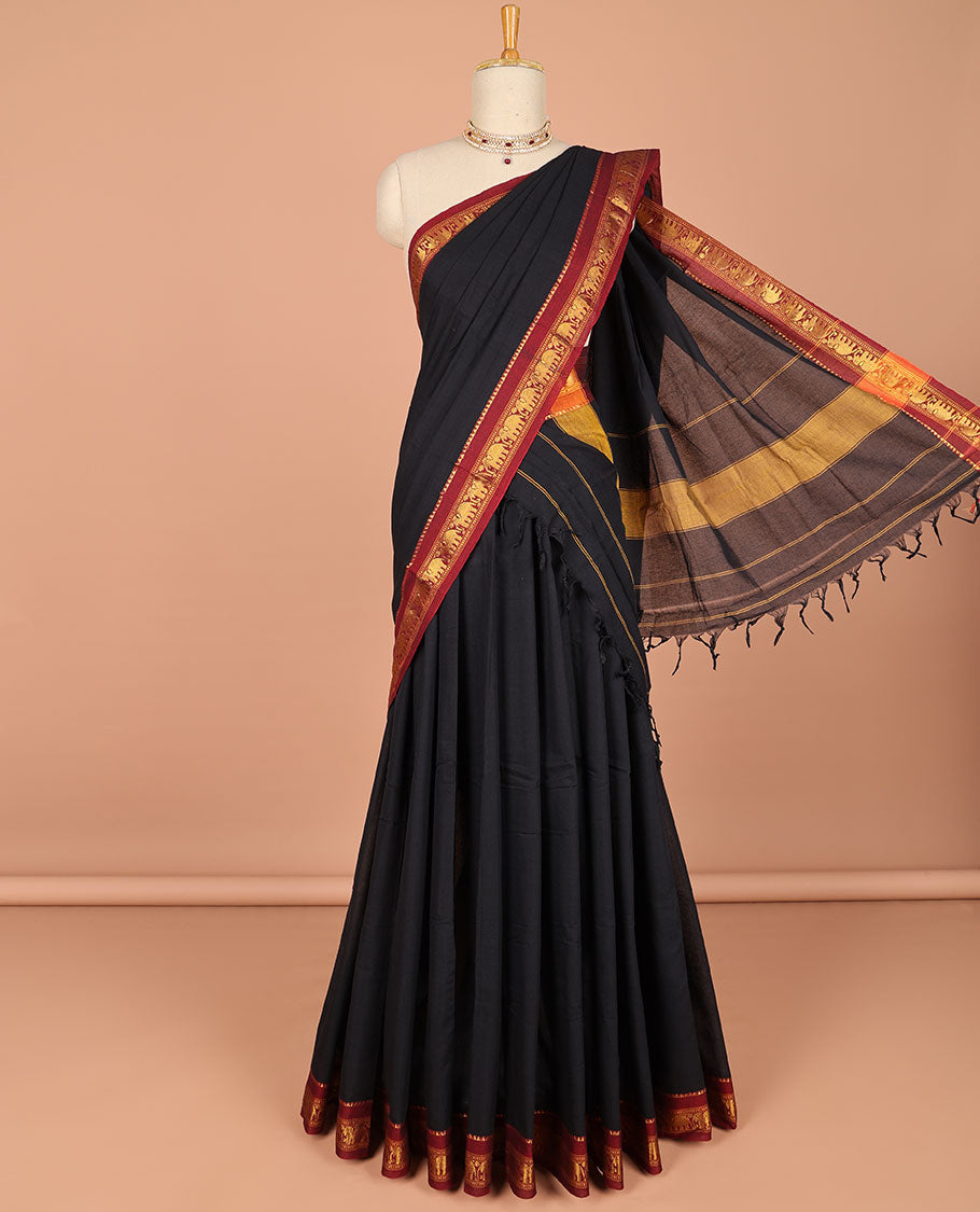 Purple cotton half saree contrast zari border with plain blouse & plain dhavani with contrast elephant zari border
