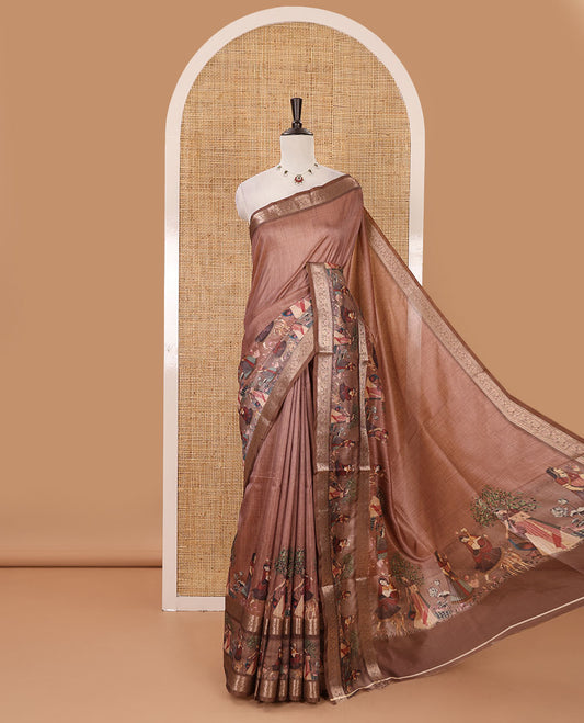 Rust ancient human motifs printed semi-tussar saree, traditional rettai pettu border of human motifs print, printed pallu & running blouse