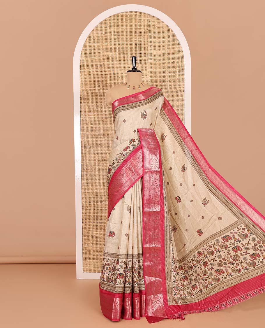 Chikku-pink vertical striped, and animal motifs printed dola silk saree, contrast manga motifs zari border, animal motifs printed pallu, and a contrast printed blouse