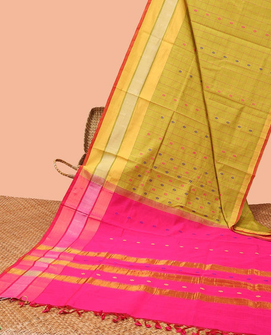 Green checked kuppadam cotton saree with buttas, contrast border & pallu of zari designs