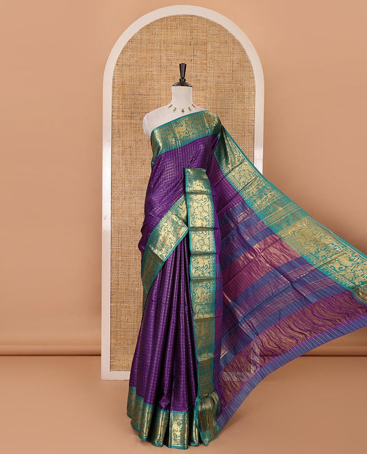 Violet zari checked semi-taffeta silk saree, contrast deer motifs zari woven border, striped pallu & contrast striped zari border blouse