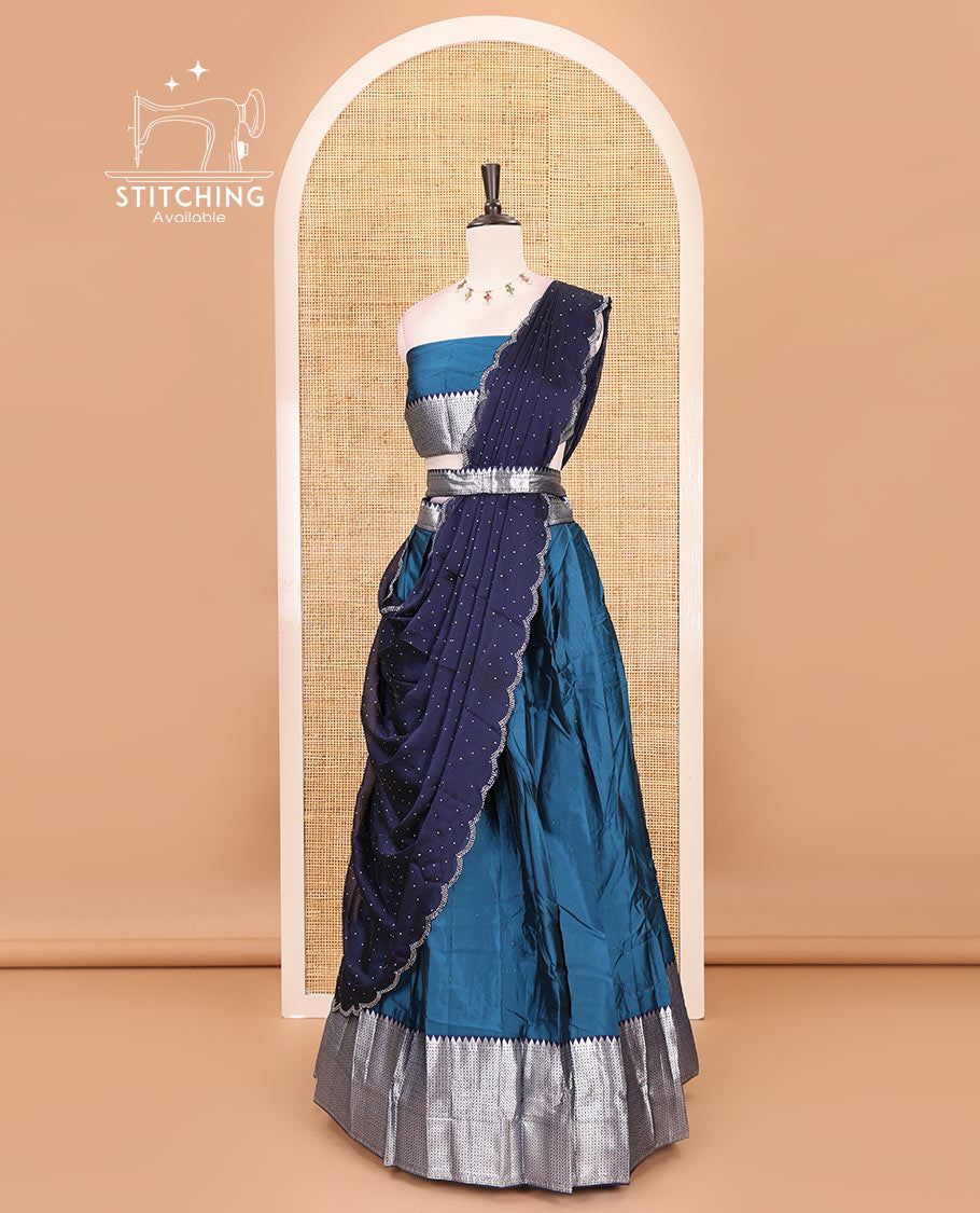 Peacock blue-navy blue taffeta silk half-saree, plain & contrast temple & kathir boder skirt, matching blouse & contrast stonework scallop border syska georgette dhavani