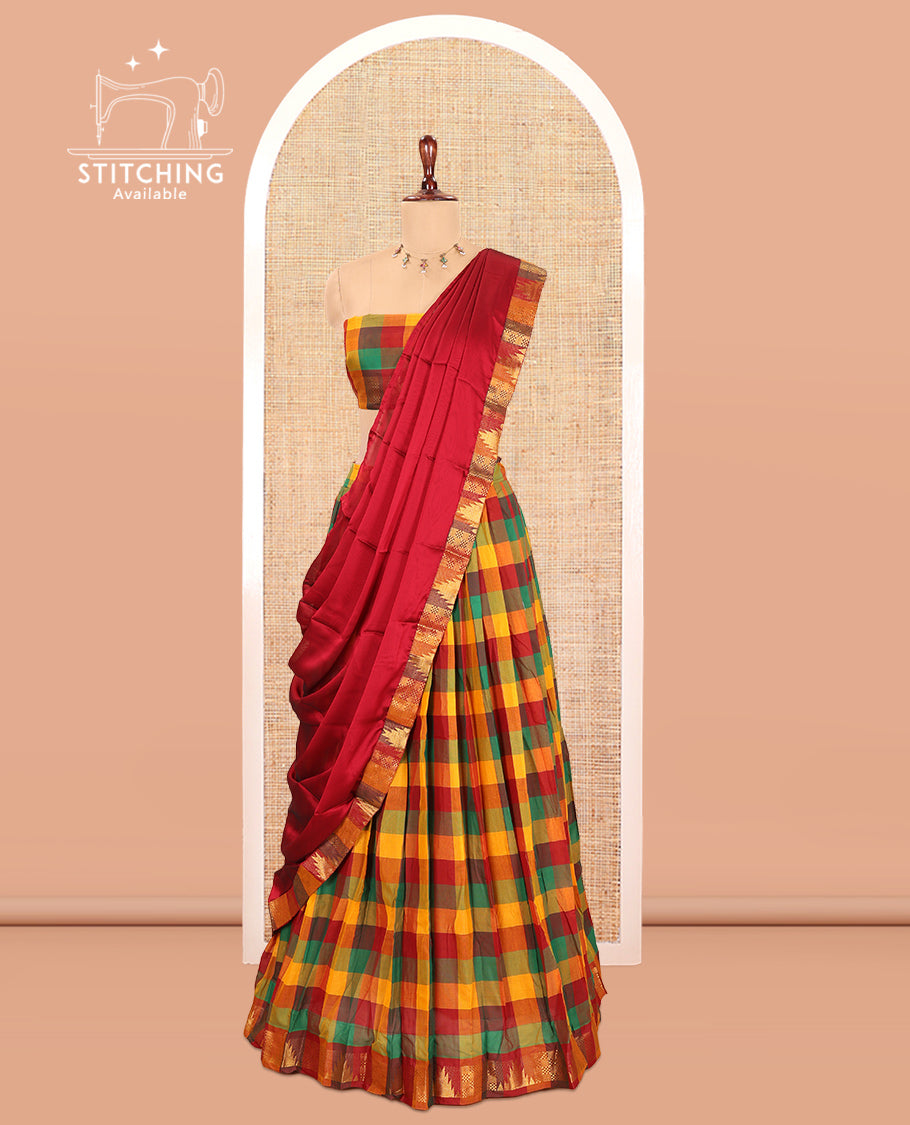 Multi-Color Checked Chettinad Cotton Half-Saree Features a Temple Zari Border, Matching Blouse, Contrast Dhavani