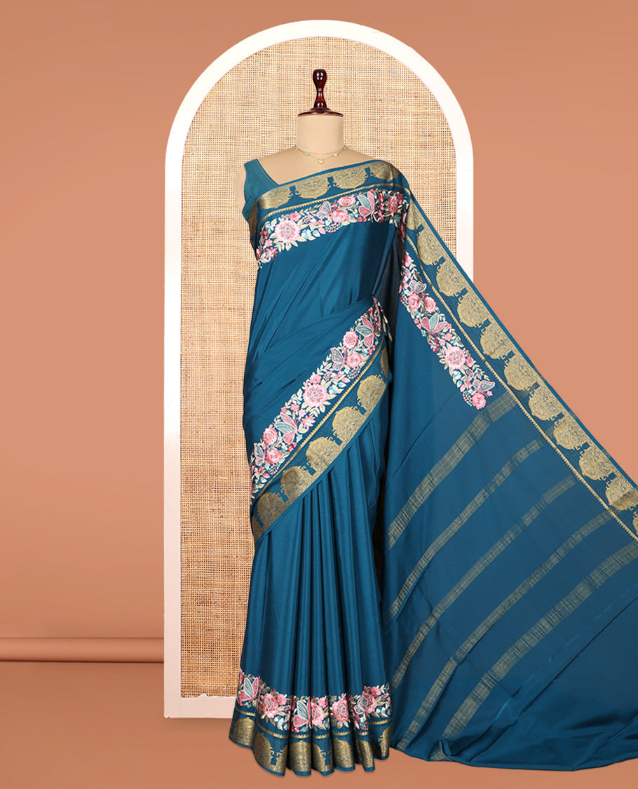 Peacock Blue Plain Mysore Silk Saree