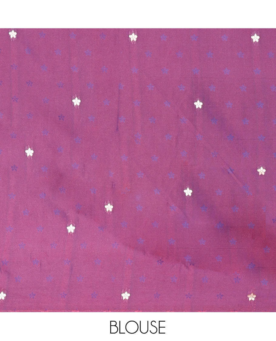 Purple Paithani Art Silk Saree, Embellished with Flower Buttas All Over Its Body, Highlighted by Zari Temple Border Pictures Colorful Flora-Fauna Designs, Pallu Depicts Colorful Floral and Bird Designs, and Paired with a Matching Blouse