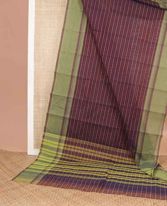 Maroon  striped kanchi cotton saree with contrast border & checked pallu