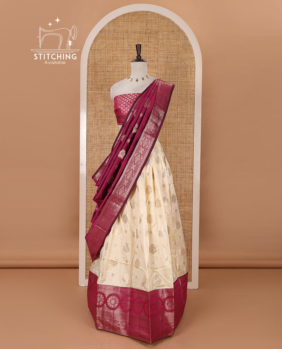 Cream-purple semi-banaras half-saree, zari buttas & contrast traditional zari border skirt, jacquard blouse & intricately zari woven dhavani